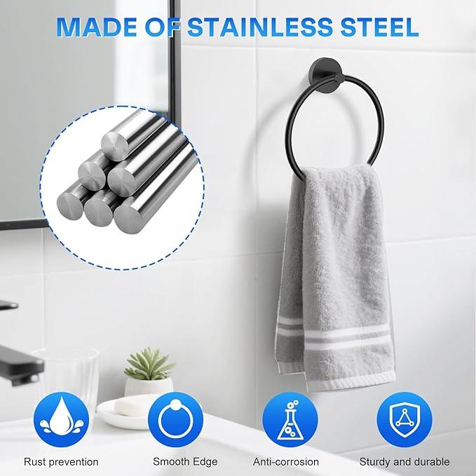 Hand Towel Holder Screw-in Matte Black Towel Ring for Bathroom Wall Stainless Steel Towel Hanger Round Towel Racks for Bathroom Decor and Accessories, 2 Packs - ModernBath