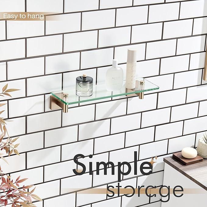 KOKOSIRI Wall Shelves Bathroom Hardware Glass Floating Shelf 16-Inch for Bedroom, Living Room, Kitchen, Hanging Rack Champagne Bronze B1105CPG-L16 - ModernBath