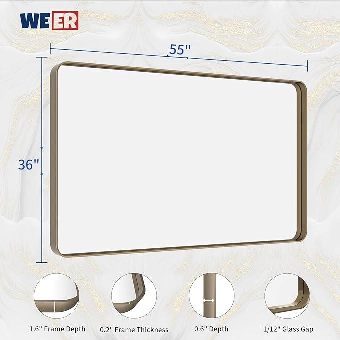 WEER Bronze Framed Modern Wall-Mounted Bathroom Mirror, 55"L x 36"W, Brushed Bronze Aluminum Frame, Shatterproof Tempered Glass, Rounded Rectangle, Horizontal/Vertical Mounting - ModernBath