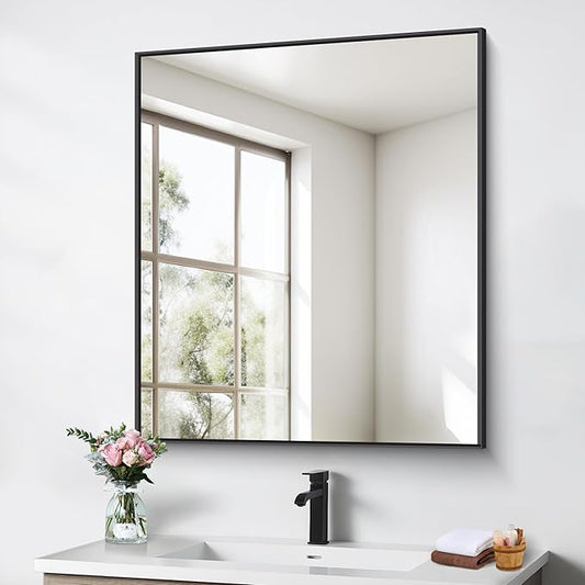 BONEWEI Bathroom Mirror,30x36 inch Wall Mirror for Bathroom Wall Mounted Black Rectangle Square Corner Mirrors, Black Bathroom Mirror for Living Room, Farmhouse, Bedroom Entryway, Horizontal/Vertical