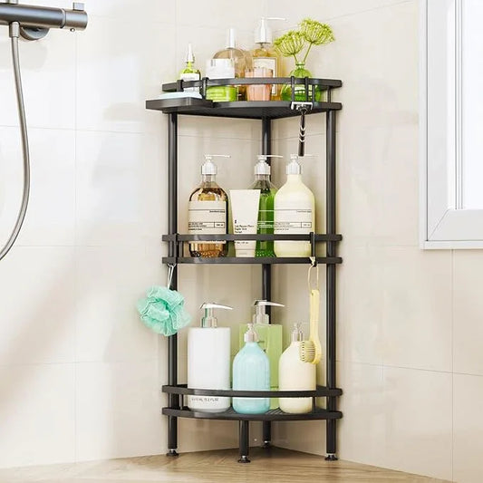 HapiRm Standing Corner Shower Caddy - 3 Tier Shower Organizer Corner with Soap Holder and 4 Hooks, Rustproof Bathroom Storage Shelves with Adhesives, Black - ModernBath