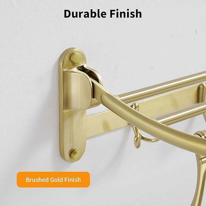 BESy 24 Inch Brushed Gold Towel Racks, Bathroom Towel Shelf with Foldable Towel Bar Holder and Towel Hooks, Wall Mounted Multifunctional Bathroom Accessories, Double Towel Bars - ModernBath