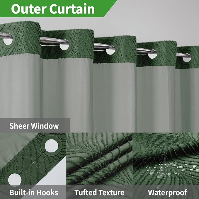 No Hook Shower Curtain and Liner Set,No Hook Tufted Striped Textured Shower Curtain with Snap in Liner Replacement and Waterproof Fabric,Boho Style with See Through Top Window,DarkGreen,71Wx80H - ModernBath