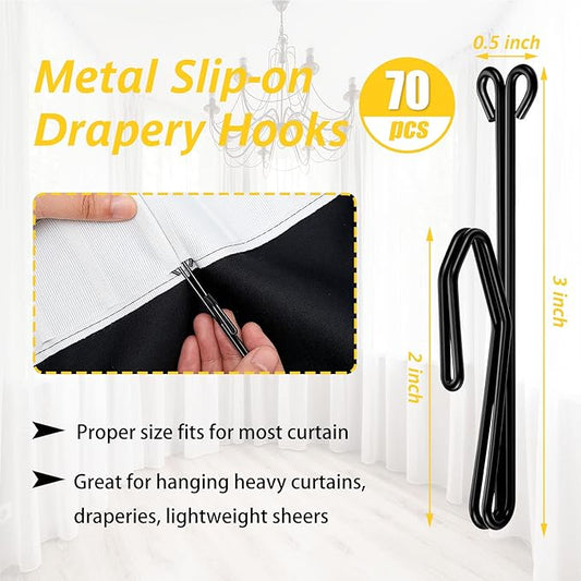 70 Pieces Metal Curtain Hooks Slip on Drapery Hook Shower Curtains Hooks Stainless Steel Drapery Pins and Hook for Window Door Curtain and Bathroom (Black)