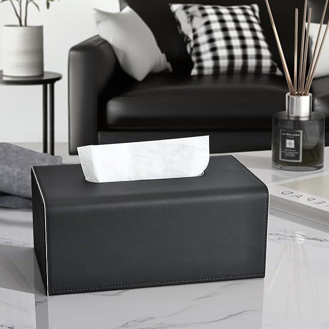 KINGFOM Tissue Box Cover, PU Leather Rectangular Tissue Box Holder with Magnetic Bottom Cover for Facial Tissues/Napkins, Office & Living Room Decor Box (Black) - ModernBath