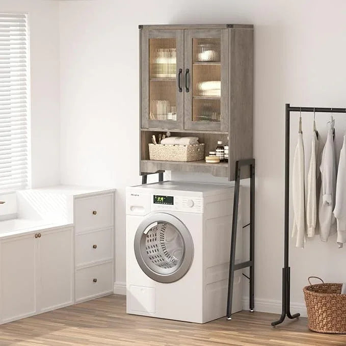 Over The Toilet Storage Cabinet with Tempered Glass Doors and Adjustable Shelf, Bathroom Organizer with Metal Stand Space Saver Over Toilet , Modern Toilet Rack for Bathroom, Restroom, Laundry, Grey - ModernBath