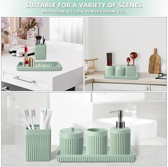 XLHOMO Resin Light Green Bathroom Accessories Set 5 Pcs, Lotion Soap Dispenser, Toothbrush Holder, Bathroom Tumbler, Qtip Holder and Vanity Tray, Bathroom Countertop Organizer Set for Modern Apartment - ModernBath