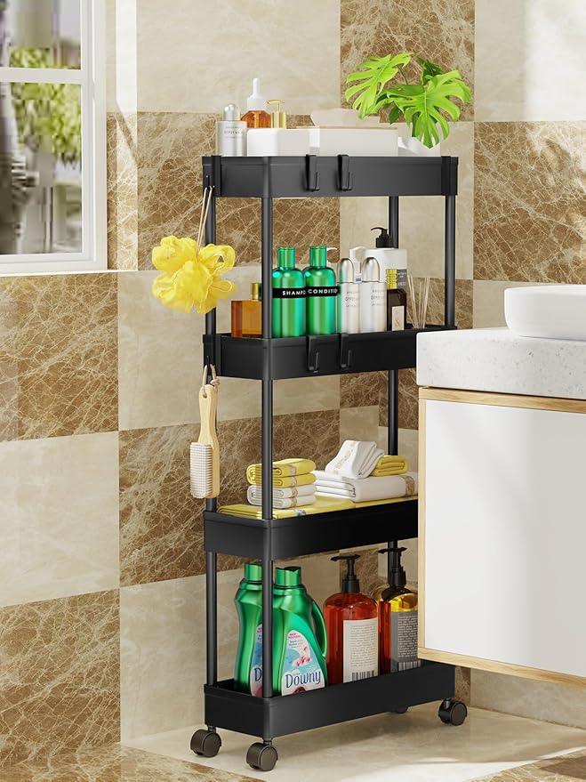 LEHOM 5.1" Slim Storage Cart - 4 Tiers Bathroom Organizer Mobile Shelving Unit Storage Rolling Utility Cart Slide Out Organizer for Kitchen Bathroom Laundry Narrow Places - ModernBath