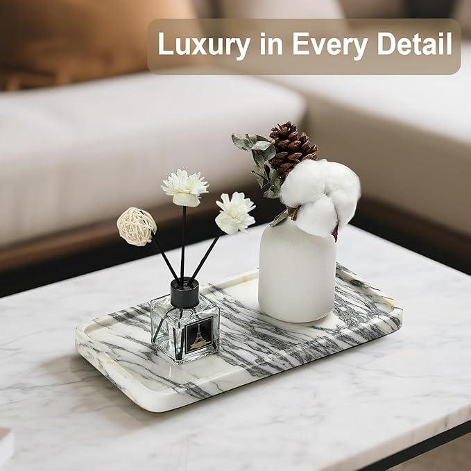 Natural Marble Vanity Tray - Moujings Genuine Marble Perfume Tray for Bathroom Decor, Stone Bathroom Vanity Organizer Tray for Kitchen Counter, Candles, Jewelry, Coffee, Makeup, Key - ModernBath
