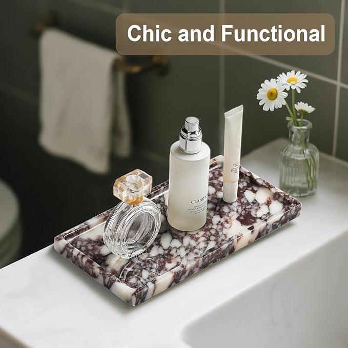Natural Marble Vanity Tray - Moujings Genuine Marble Perfume Tray for Bathroom Decor, Stone Bathroom Vanity Organizer Tray for Kitchen Counter, Candles, Jewelry, Coffee, Makeup, Key - ModernBath