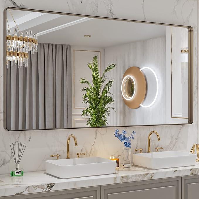 LOAAO 72”X36” Bronze Bathroom Mirrors for Vanity, Rounded Rectangle Brushed Bronze Metal Frame Mirror, Anti-Rust, Tempered Glass, Hangs Horizontally or Vertically - ModernBath