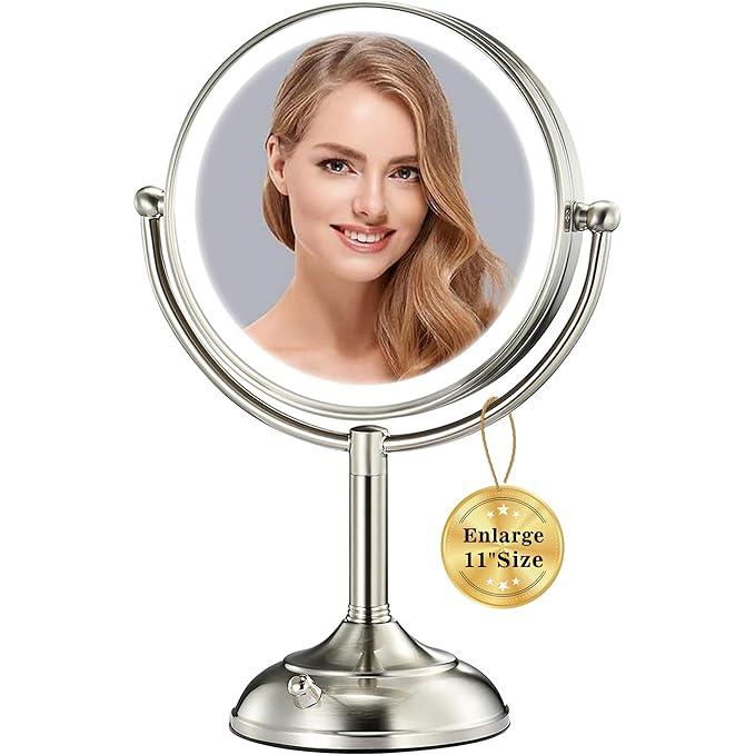 VESAUR 11.8" Extra Large 17" Tall Lighted Makeup Mirror, 1X/5X/10X 3-Sided Magnifying Mirror with 96 LEDs, 3 Color Dimmable Lights, 360° Swivel Dual Power Vanity Mirror, Nickel Finish Luxury Gift Box - ModernBath