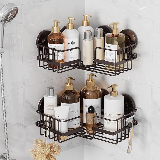 TAILI 2 Pack Powerful Suction Cup Shower Caddy Corner-adaptive, Stainless Steel Rustproof Shower Shelves with Hook, Drill-Free Wall Suction Baskets, Large Capacity Removable Bathroom Organizer, Brown - ModernBath