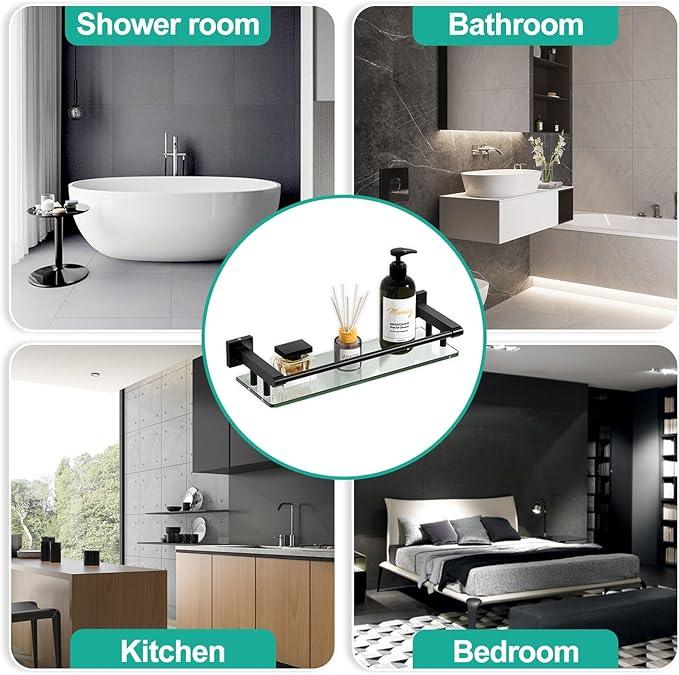 Glass Shelf 16IN for Bathroom Black Rectangular Stainless Steel Tempered Glass Modern Wall Mount Shelf Sink Over Toilet Bathroom Organizer (Matte Black, 16‘’) - ModernBath