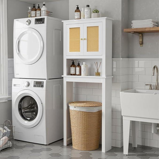 Over The Toilet Storage Cabinet, Behind Toilet Bathroom Organizer with Adjustable Shelves, Above Toilet Organizers with Rattan Door, Space Saver for Restroom, Bathroom, Laundry - ModernBath