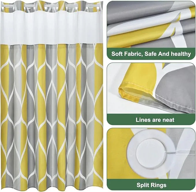 Yiatn Gray Yellow No Hook Shower Curtain with Liner Attached - Hotel Style with See Through Mesh Top Window, Modern Geometric Waterdrop Design,Waterproof and Washable, 71x74 INCH - ModernBath