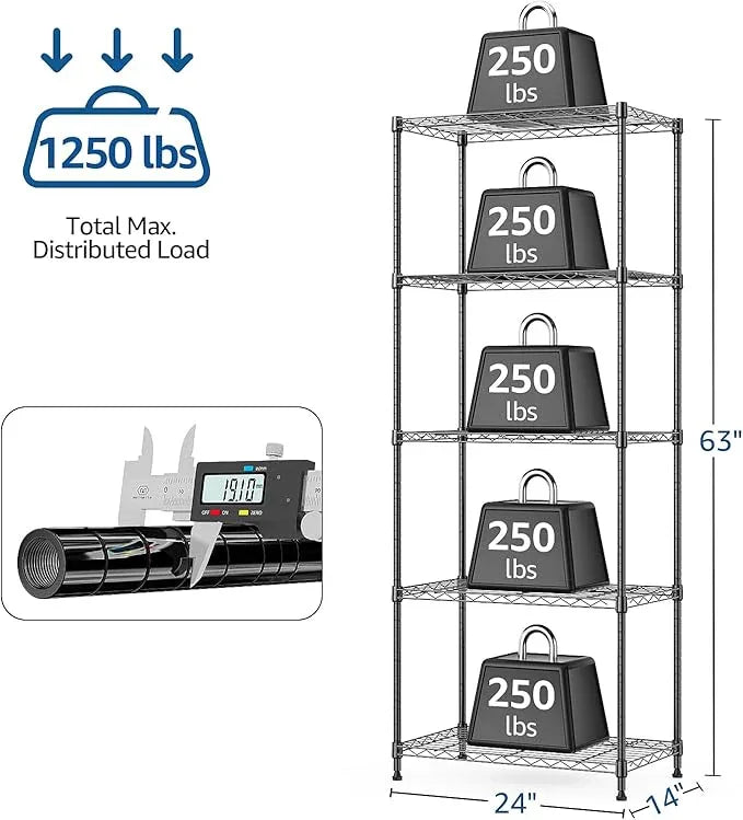 1250 lbs 5 Tier Shelf Metal Storage Shelves Wire Rack Closet Organizers with Wheel for Garage Kitchen Bathroom Laundry Black 13.7" D x 23.6" W x 62.4" H - ModernBath