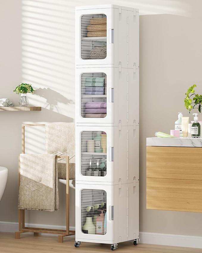 BROVIEW 4-Tier Tall Narrow Storage Cabinet Organizer, Slim Bathroom Cabinets with Adjustable Shelves and Doors, Plastic Kitchen Pantry Organizers and Storages for Small Space, Laundry, White - ModernBath