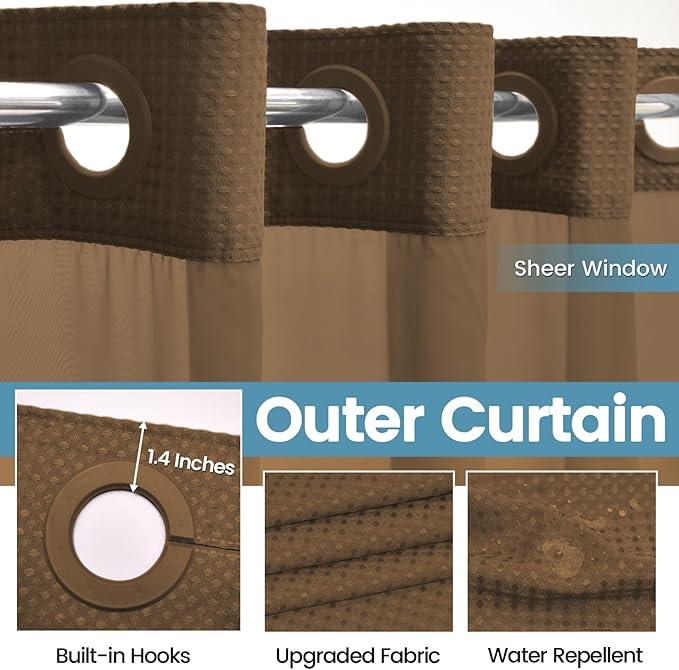 EUTXL Brown No Hook Shower Curtain with Snap in Liner,230GSM Waffle Weave Shower Curtains for Bathroom,71W x 74H - ModernBath
