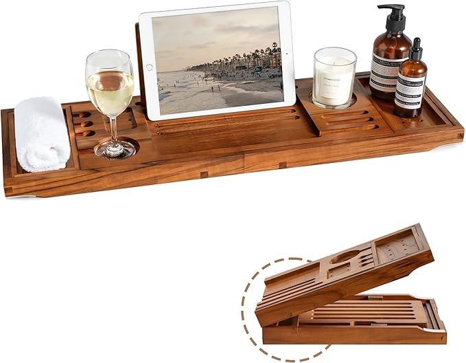 Realgulf Teak Bathtub Tray | Adjustable Width Tray with Wine Holder, Tablet/Phone & Book Stand, Splash-Proof for Bath Time- Natural - ModernBath