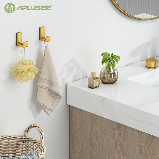APLusee L Shape Bath Towel Hook 2 Pack, 304 Stainless Steel Coat Holder, Wall Mounted Storage Hanger for Bathroom Kitchen, Brushed Gold - ModernBath