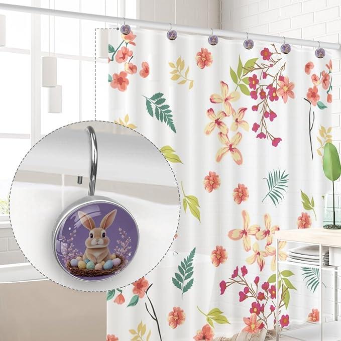 Elegant Purple and Easter Bunny Crystal Glass Shower Curtain Hooks for Bathroom Shower Rod, 12Pcs Round Home Decorative Shower Curtain Rings, Bathroom Bedroom Living Room Accessories - ModernBath