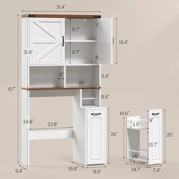 Farmhouse Over The Toilet Storage Cabinet with Pulley Small Bathroom Storage Cabinet, Space Saver W/Adjustable Shelf & Open Shelf for Bathroom, Restroom, Laundry (White Brown-Type B) - ModernBath