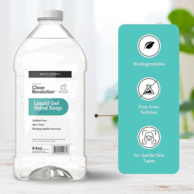 Clean Revolution Liquid Gel Hand Soap, Silky Rich Liquid, Quick Lather, Fast Rinsing, Contains Real Essential Oils (Spring Air) 64 Fl Oz - ModernBath