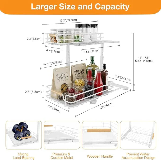 JYPS 2 Pack Under Sink Organizer, 2 Tier Pull out Under Kitchen Bathroom Sink Organizer and Storage, Metal Sliding Drawer for Cabinet Pantry Undersink Organizers Shelf - ModernBath