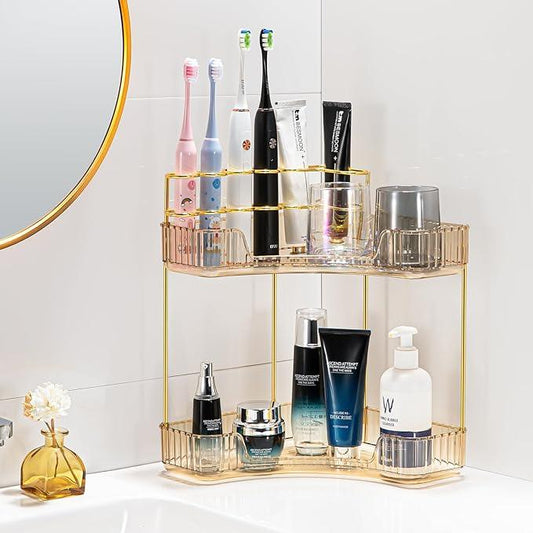 shuang qing Upgraded 2-Tier Corner Bathroom Countertop Organizer – Spacious Storage for Makeup, Skincare & Perfumes, Built-in Brush Holder Fits Vanity/Dresser/Bsthtub (Vintage Gold) - ModernBath