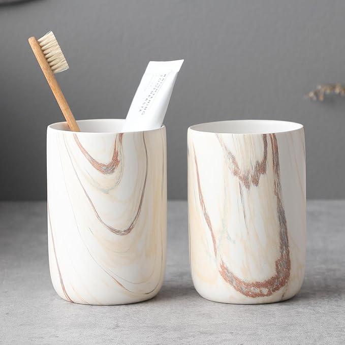 Brown Marble Toothbrush Holders - Ceramic Toothbrush Holders for Bathrooms, Toothbrush Toothpaste Holders, 2 Marble Bathroom Tumbler Cups Reusable Toothbrush Mouthwash Cup, Bathroom Counter Organizer - ModernBath
