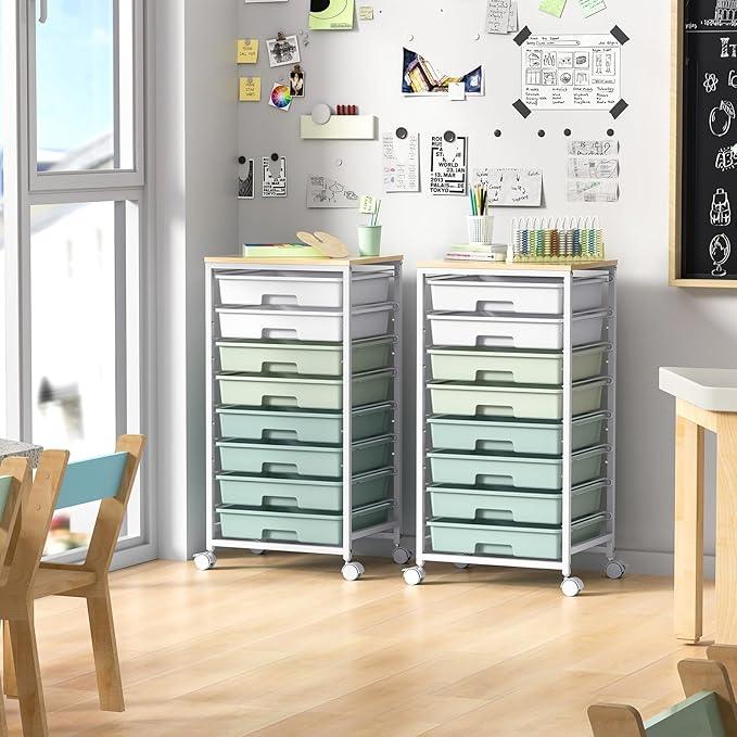 Rolling Storage Utility Cart Organizers with 8 Drawers and Wooden Tabletop for Living Room,Office,Classroom,Craft Room,Bedroom,Dorm,Green - ModernBath