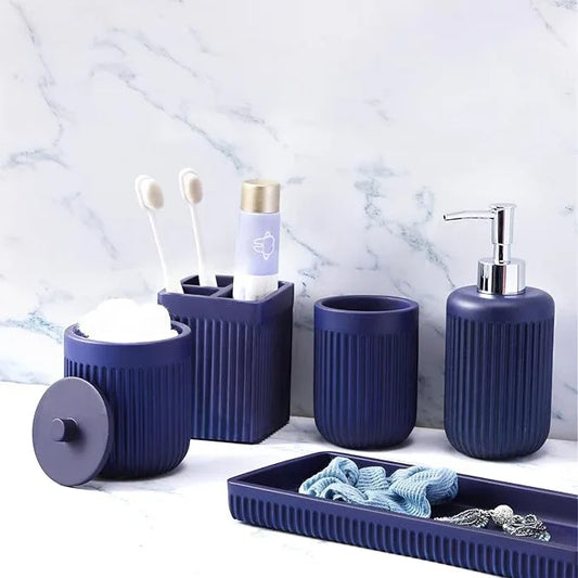 XLHOMO Resin Navy Blue Bathroom Accessories Set 5 Pcs, Lotion Soap Dispenser, Toothbrush Holder, Bathroom Tumbler, Qtip Holder and Vanity Tray, Bathroom Countertop Organizer Set for Modern Apartment - ModernBath