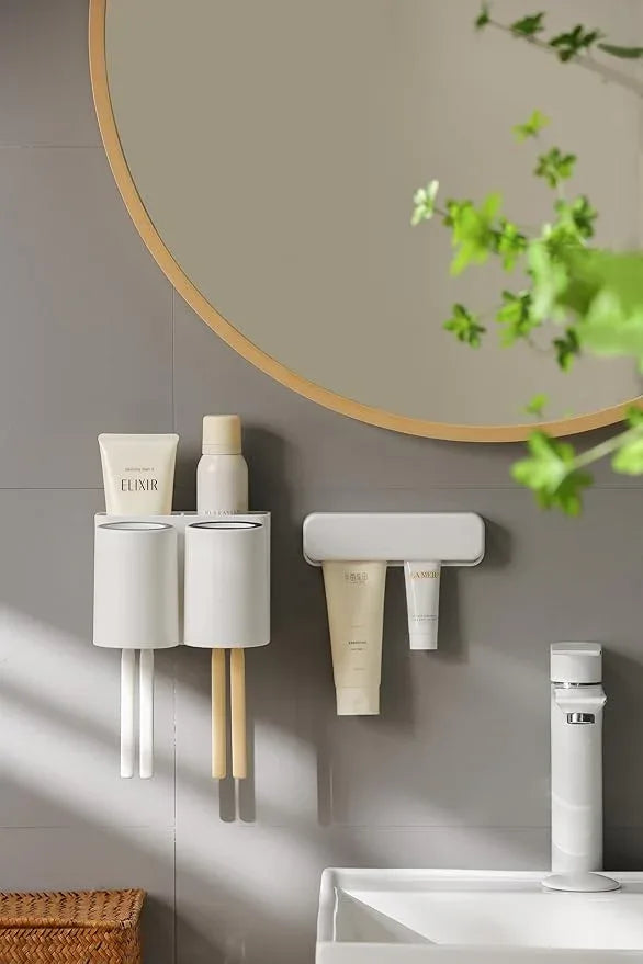 FLAUVEL Wall-Mounted Toothbrush and Toothpaste Holder - Self-Draining Design, Easy Installation, Space-Saving, White (Double - Two Normal Cups) - ModernBath