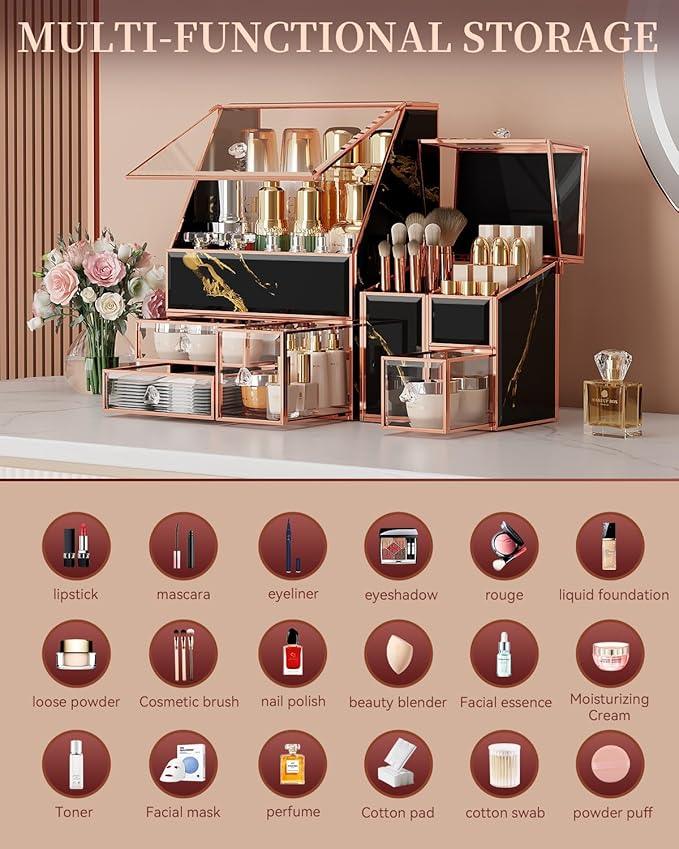 CoralHouse Makeup Organizer Black,Glass Vanity Organizer for Skincare, Perfume, Brushes & Lipsticks – Countertop Makeup Storage Box for Women, Bathroom or Dresser - ModernBath
