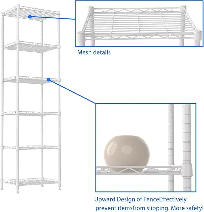 REGILLER 6 Wire Shelving Steel Storage Rack Adjustable Unit Shelves for Laundry Bathroom Kitchen Pantry Closet(White,11.7" D x 16.8" W x 63" H) - ModernBath