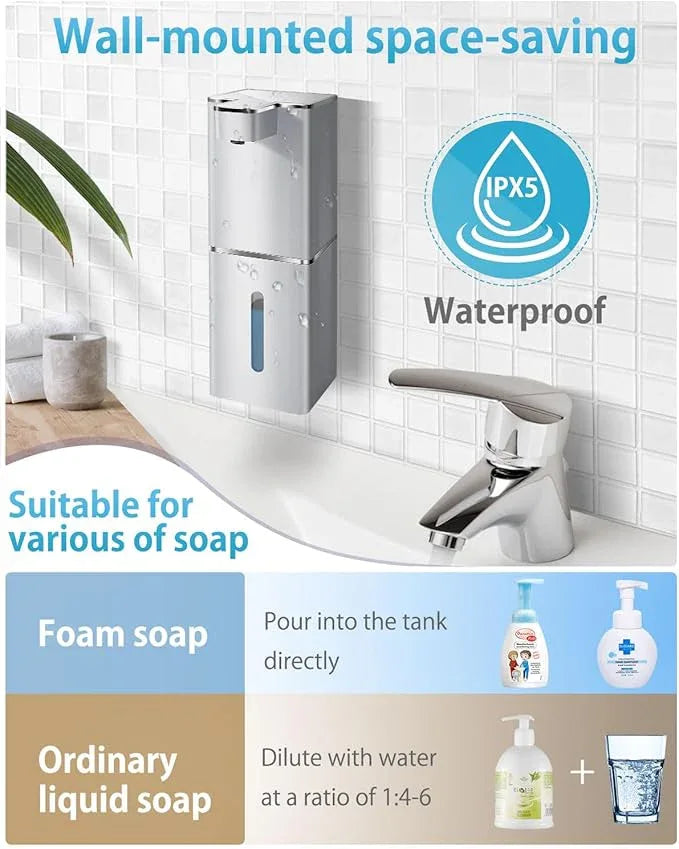 JEMISUN Automatic Foaming Soap Dispenser Touchless 380ml/12.8oz Rechargeable Hand Soap Dispenser Wall Mounted 4 Levels Adjustable Foam Soap Pump for Bathroom Kitchen Dish Soap - ModernBath