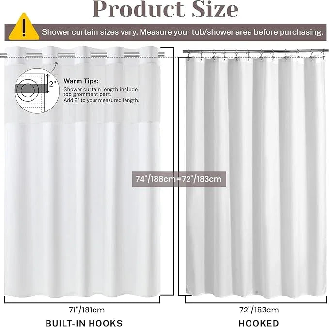 SORTTO No Hook Slub Textured Shower Curtain with Snap in Liner - White Fabric Outer Curtain & Waterproof Inner Liner, Hotel Style with See Through Top Window, 71x74 in - ModernBath