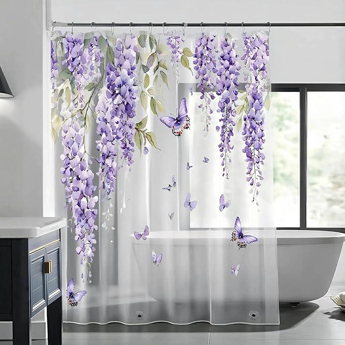 Clear Purple Floral Lavender Butterfly Shower Curtain, Plastic Transparent Cute Pretty Flower Decorative Aesthetic Shower Curtains for Bathroom, 72x78 Weighted Magnetic Shower Curtain Liner with Hooks - ModernBath