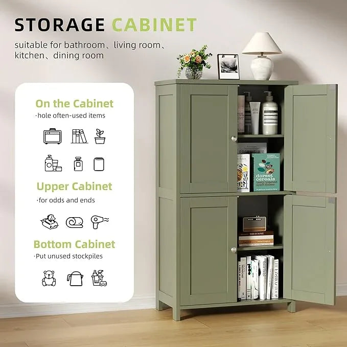 Vongrasig Modern Bathroom Storage Cabinet for Small Spaces: Slim Floor Cabinet with 4 Doors & Adjustable Shelves, Freestanding Organizer for Bathroom, Kitchen Corner, or Apartment Living Room, Green - ModernBath