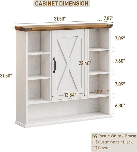 Bathroom Wall Cabinet, Farmhouse Medicine Cabinet with Adjustable Shelves and Barn Doors, Large Wall Mounted Over the Toilet Storage Cabinet for Bathroom, Laundry Room, Kitchen, Rustic White and Brown - ModernBath