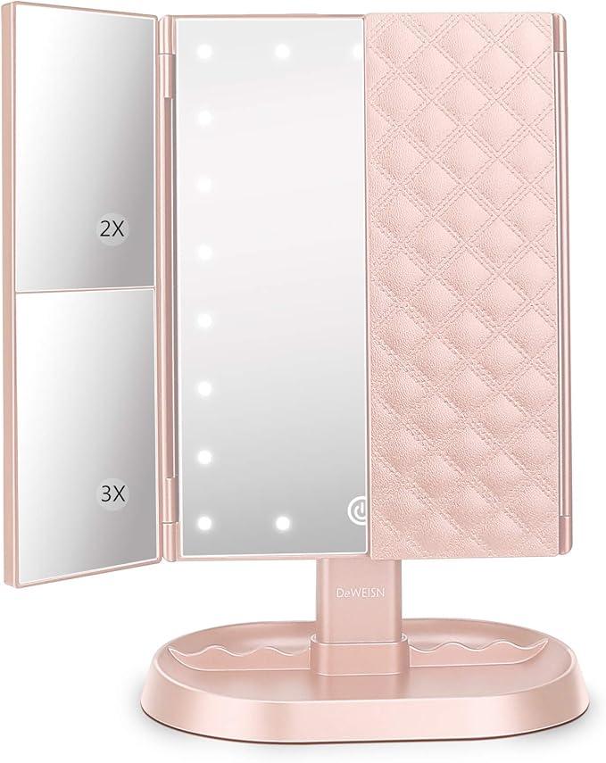 deweisn Trifold Lighted Vanity Makeup Mirror with 21 LED Lights,1x/2x/3x Magnification and Touch Screen Dimming,Two Power Supplies Makeup Mirror, Gift for Women - ModernBath