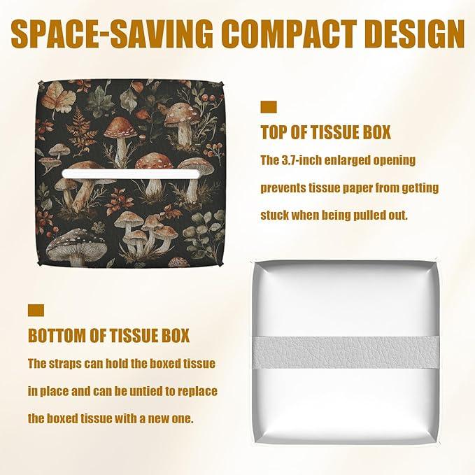 Vintage Mushroom Tissue Box Cover 2PCS, Leather Tissue Box Holder Square Facial Paper Case Tissue Box Cube Organizer for Bathroom Bedroom Desk Office - ModernBath