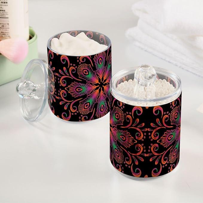 Tatenale Qtip Holder Bathroom Set Q tip Cotton Ball Swab Pad Dispenser Container Organizer Plastic Jars with Lids Storage 2Pack Ethnic Feathers Mandala Black - ModernBath