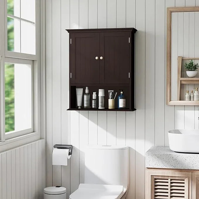 Tangkula Bathroom Wall Cabinet, Wooden Hanging Storage Cabinet with Doors & Shelves, Multipurpose Storage Cabinet for Restroom Kitchen Living Room, Wall Mounted Bathroom Medicine Cabinet (Brown) - ModernBath