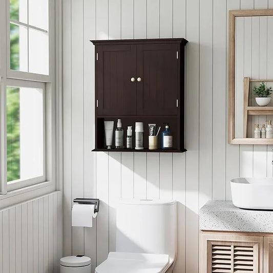 Tangkula Bathroom Wall Cabinet, Wooden Hanging Storage Cabinet with Doors & Shelves, Multipurpose Storage Cabinet for Restroom Kitchen Living Room, Wall Mounted Bathroom Medicine Cabinet (Brown) - ModernBath