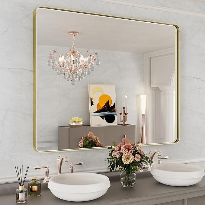 WEER Gold Bathroom Mirror, 40X32 Inch Brushed Gold Metal Frame Mirror, Rounded Rectangle Gold Bathroom Vanity Mirror for Wall, Tempered Glass, Anti-Rust, Hangs Horizontally or Vertically - ModernBath