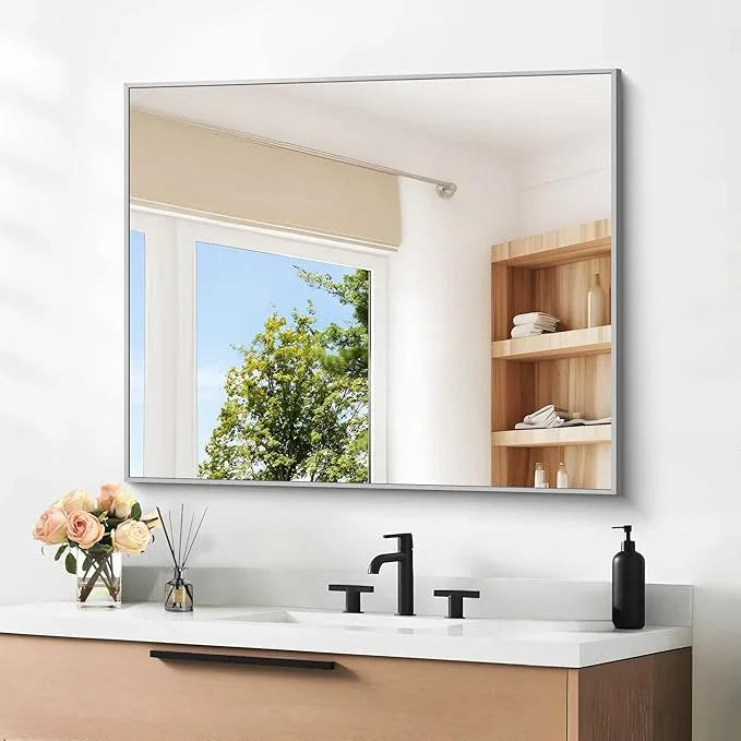 DESBING 30" x 30"Bathroom Mirror, Silver Rectangle Corner Wall Mirror with Metal Frame, Decorative Rectangular Vanity Mirror for Bedroom Bathroom Living Room Entryway (Horizontal/Vertical) - ModernBath