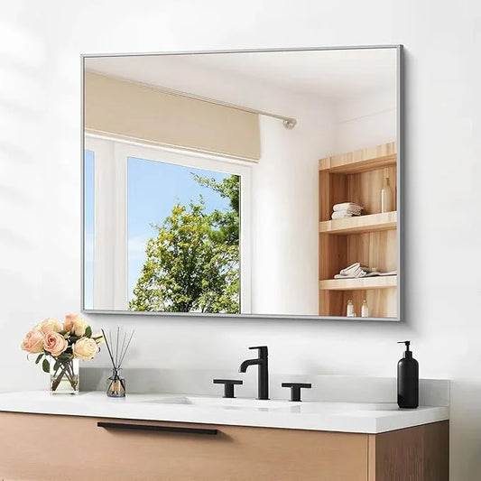 DESBING 30" x 30"Bathroom Mirror, Silver Rectangle Corner Wall Mirror with Metal Frame, Decorative Rectangular Vanity Mirror for Bedroom Bathroom Living Room Entryway (Horizontal/Vertical) - ModernBath