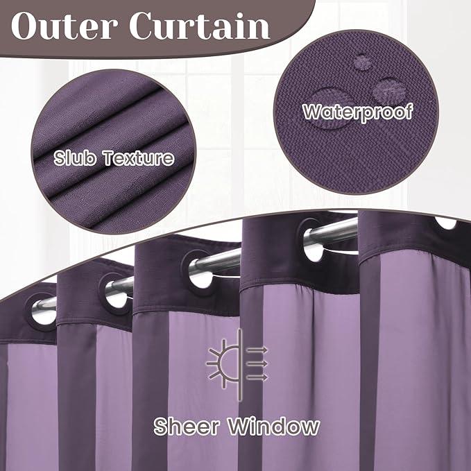 SORTTO No Hook Slub Textured Shower Curtain with Snap in Liner - Purple Fabric Outer Curtain & Waterproof Inner Liner, Hotel Style with See Through Top Window, 71x74 in - ModernBath